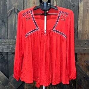 Spade & Heart Peasant Top L Red Embroidered Boho Balloon Tassels Tie Up Flowy‎